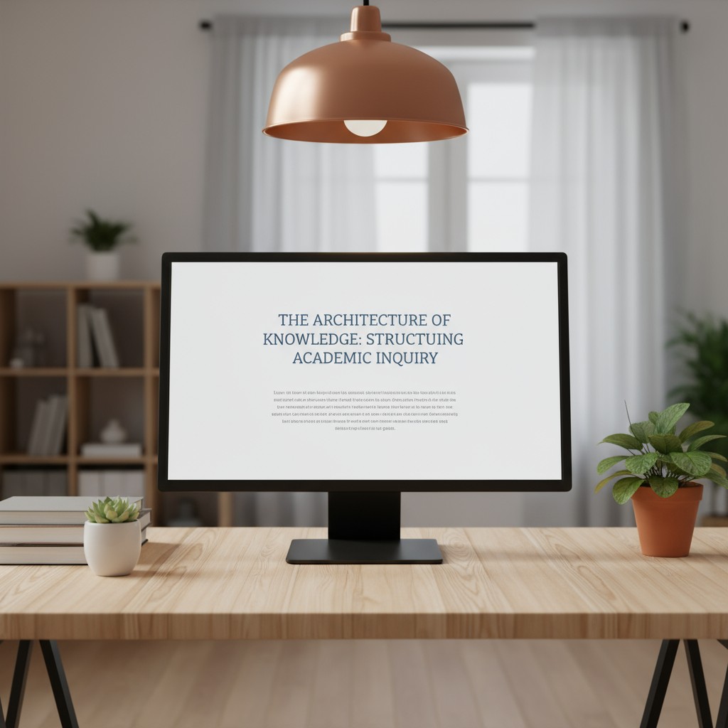 A depiction of a table with a computer screen displaying an unspecified title, in the setting of a home office.