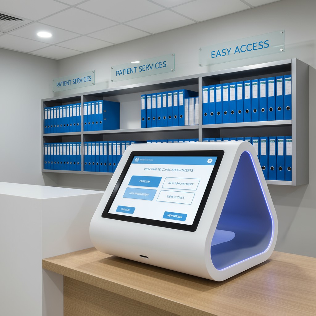 The image depicts a sleek, modern reception area with a prominent digital appointment scheduling station. The purpose of t...