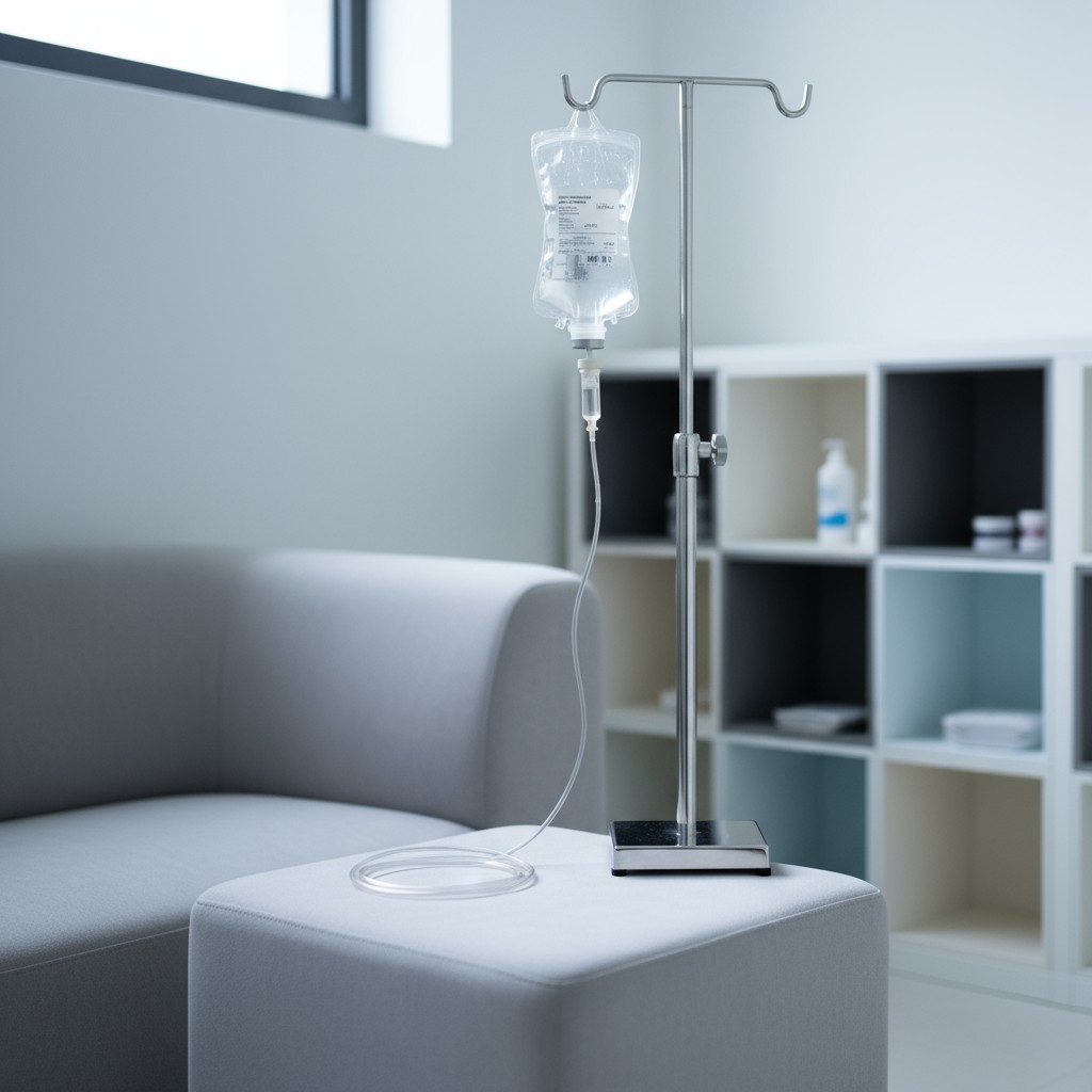 The IV drip next to the stylish couch is made of clear plastic bag withmetallic dividers as seen in ticks and liquid writi...